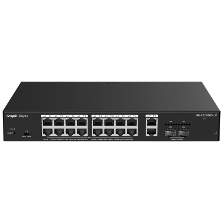 RG-ES220GS-LP Reyee Switch PoE Cloud Gestionable  16 PoE 802.3af/at + 2 SFP + 2 uplink RJ45